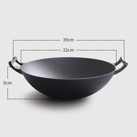 32cm Cast Iron Wok Fry Pan with Double Handle