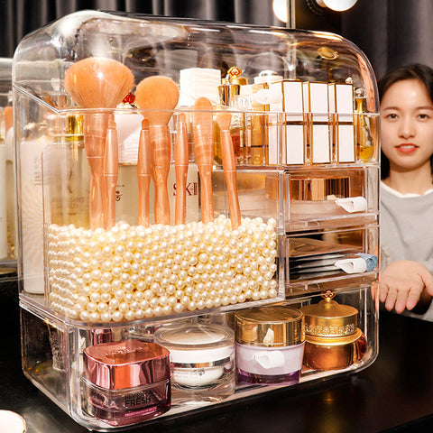 Transparent Cosmetic Storage Box with Pearls