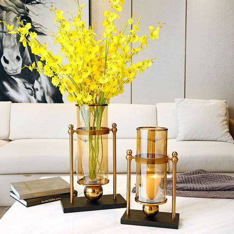 42cm 32cm Transparent Glass Vase with Yellow Flower and Candle Set