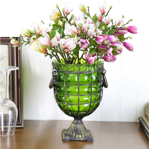 Green Glass Flower Vase with 6 Bunch 4 Heads Artificial Silk Magnolia denudata Set