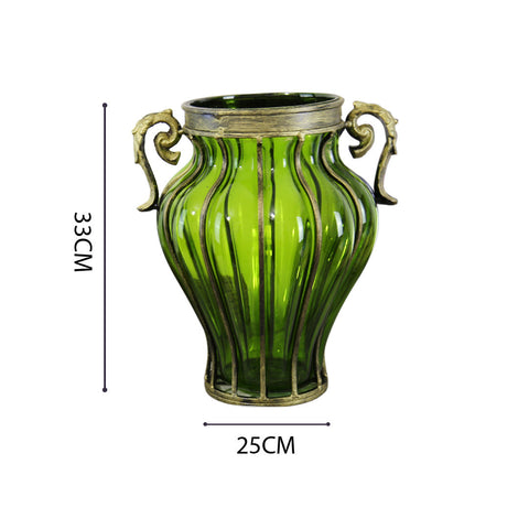 Green European Glass Flower Vase with Two Metal Handle