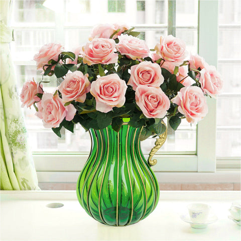 Green Glass Flower Vase with 4 Bunch 9 Heads Artificial Silk Rose Set