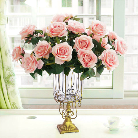 Clear Glass Cylinder Flower Vase with 4 Bunch 9 Heads Artificial Silk Set