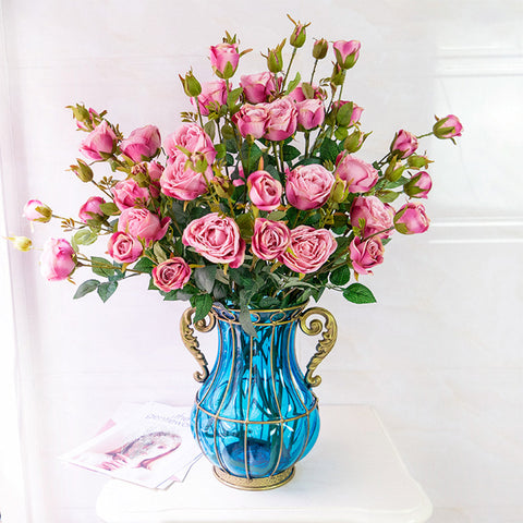 Blue Glass Flower Vase with 10 Bunch 6 Heads Artificial Silk Rose Set
