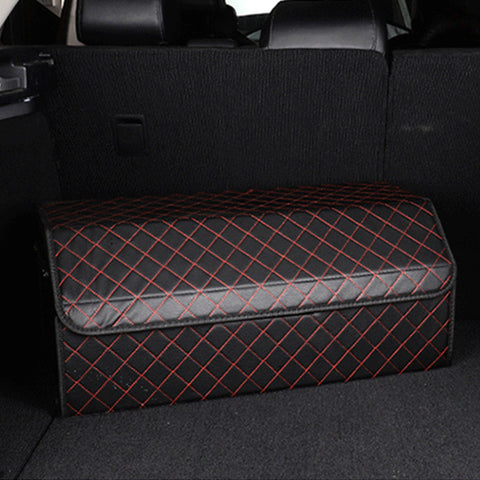 Leather Car Boot Foldable Trunk Cargo Organizer Box Black/Red Stitch Large