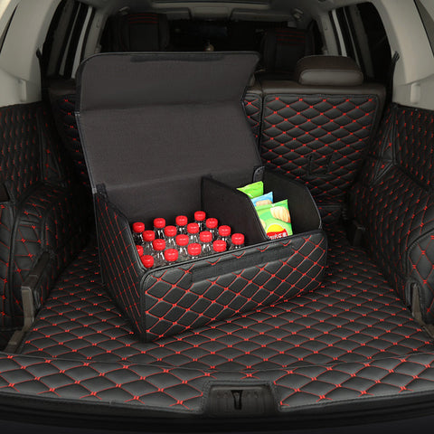 Leather Car Boot Foldable Trunk Cargo Organizer Box Black/Red Stitch Small