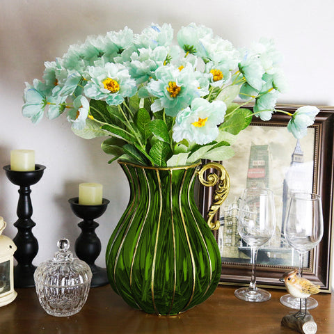 Green European Glass Flower Vase with Metal Handle