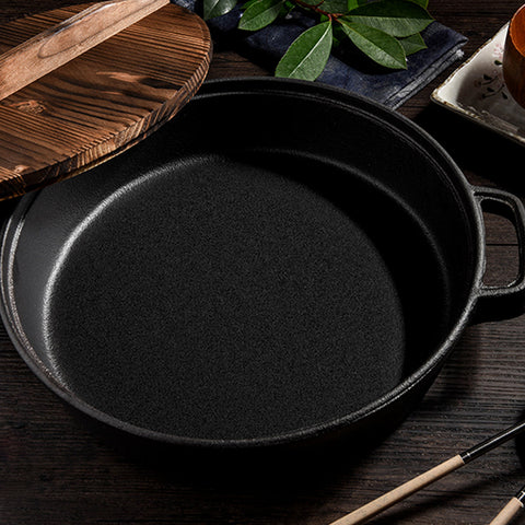 35cm Round Cast Iron Frying Pan with Wooden Lid