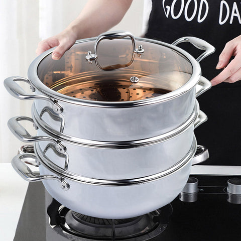 3 Tier 32cm Stainless Steel Food Steamer with Glass Lid