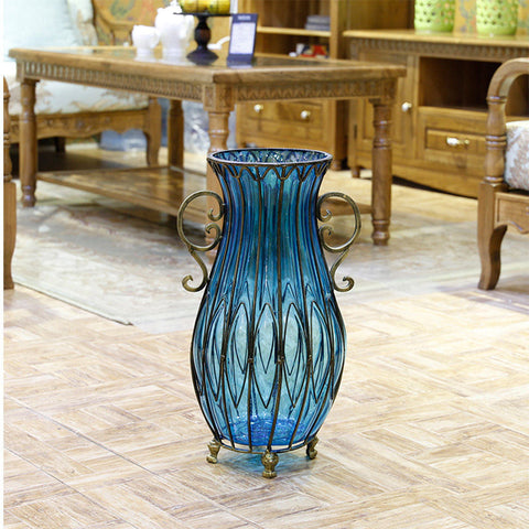 51cm Blue Glass Floor Vase with 12pcs Pink Artificial Flower Set