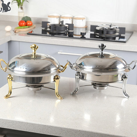 Stainless Steel Gold Accents Round Chafing Dish with Glass Top Lid