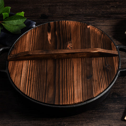 31cm Round Cast Iron Frying Pan with Wooden Lid