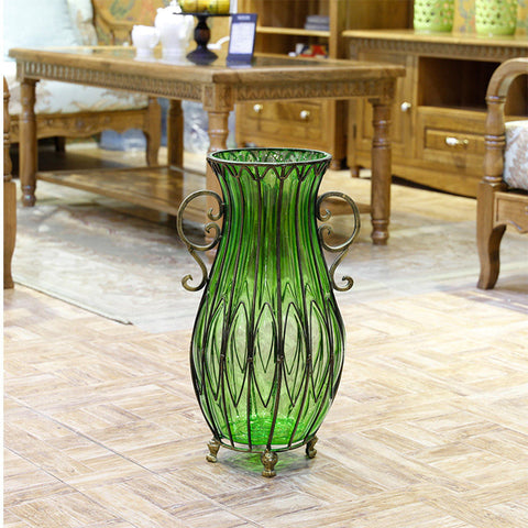 51cm Green Glass Floor Vase with 12pcs White Artificial Flower Set