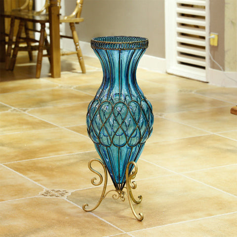 67cm Blue Glass Floor Vase with 10pcs White Artificial Flower Set