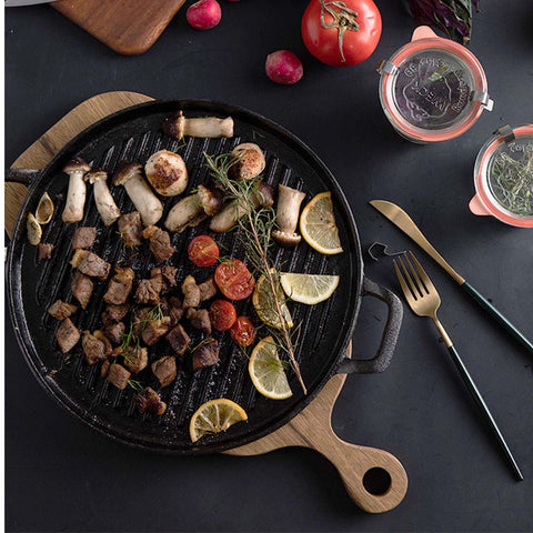 30cm Ribbed Cast Iron Frying Pan Sizzle Platter