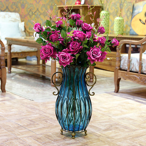 51cm Blue Glass Floor Vase with 12pcs Artificial Flower Set