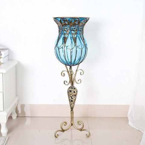 85cm Blue Glass Floor Vase and 12pcs Blue Artificial Flower Set