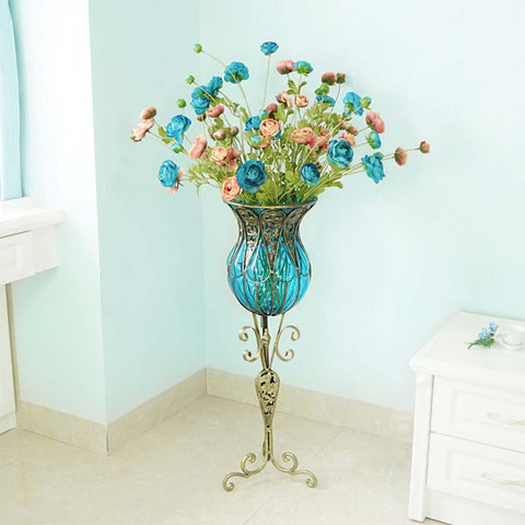 85cm Blue Glass Floor Vase and 12pcs Blue Artificial Flower Set