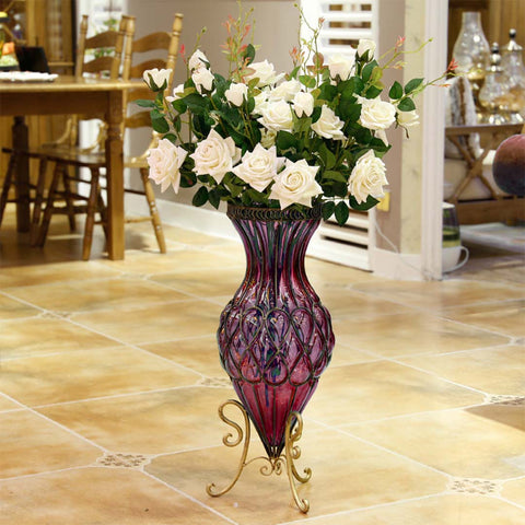 67cm Purple Glass Floor Vase and 12pcs White Artificial Fake Flower Set