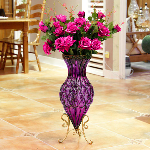 67cm Purple Glass Floor Vase and 12pcs Dark Pink Artificial Flower Set