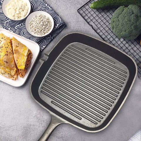 23.5cm Square Ribbed Cast Iron Frying Pan with Handle