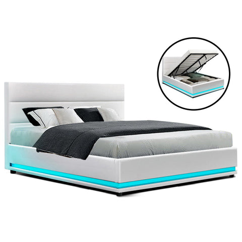 Artiss RGB LED Bed Frame Queen Size Gas Lift Base Storage White Leather LUMI