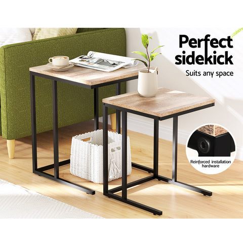 Artiss Coffee Table Nesting Side Tables Wooden Rustic Vintage Metal Frame