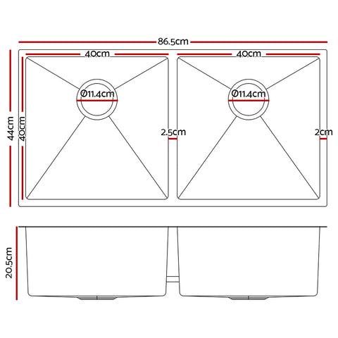 Cefito 86.5cm x 44cm Stainless Steel Kitchen Sink Under/Top/Flush Mount Silver