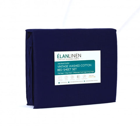 Elan Linen 100% Egyptian Cotton Vintage Washed 500TC Navy Blue 50 cm Deep Mega Queen Bed Sheets Set