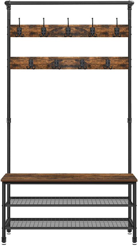 Coat Rack Stand with 9 Hooks and Shoe Rack with Industrial Style Sturdy Steel Frame