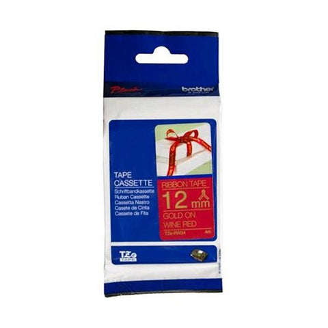Brother TZe-RW34 12mm x 4m Gold on Wine Red Ribbon Tape - for use in Brother Printer