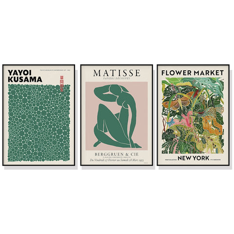 60cmx90cm Flower Market, Matisse Print, Yayoi Kusama 3 Sets Black Frame Canvas Wall Art