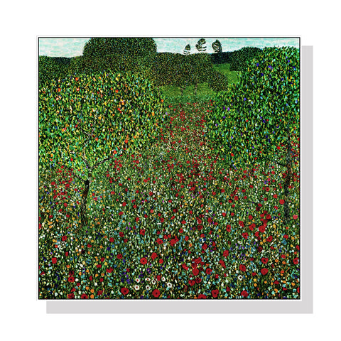 70cmx70cm Field of Poppies by Gustav Klimt White Frame Canvas Wall Art