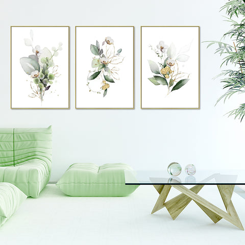 60cmx90cm Green and Gold Watercolor Botanical 3 Sets Gold Frame Canvas Wall Art