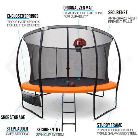UP-SHOT 14ft Round Kids Trampoline with Curved Pole Design, Basketball Set and Sprinkler Accessory, Black and Orange