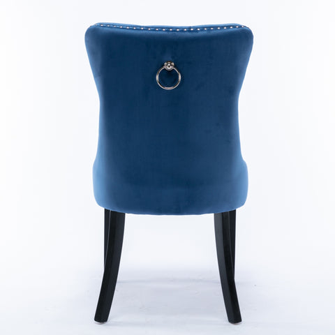 4x Velvet Dining Chairs Upholstered Tufted Kithcen Chair with Solid Wood Legs Stud Trim and Ring-Blue