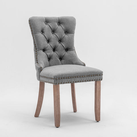 AADEN Modern Elegant Button-Tufted Upholstered Linen Fabric with Studs Trim and Wooden legs Dining Side Chair-Gray