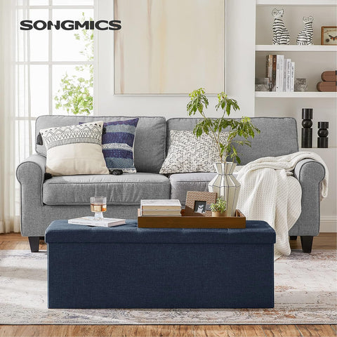 SONGMICS 110cm Foldable Bench with Storage Space and Metal Divider Grid Navy