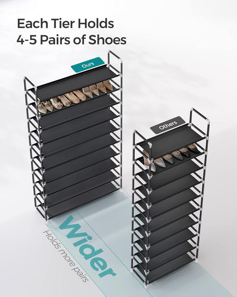 SONGMICS 10 Tier Metal Shoe Rack for 50 Pairs Non-Woven Fabric Shelves Black