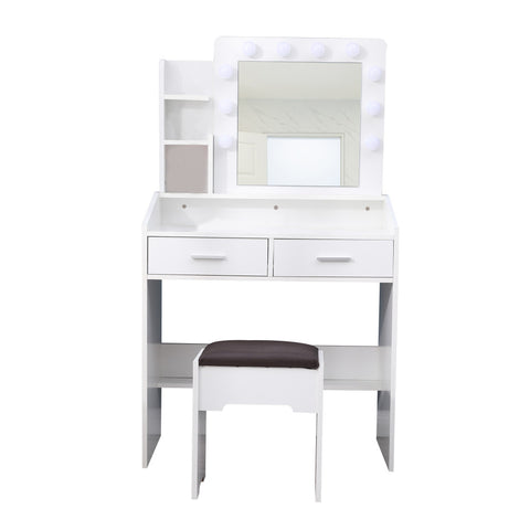 Diana Vanity Set with Shelves Cushioned Stool and Lighted Mirror- White