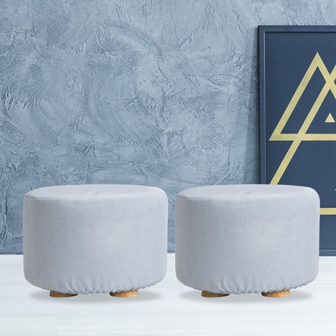 La Bella 2 Set Light Blue Fabric Ottoman Round Wooden Leg Foot Stool