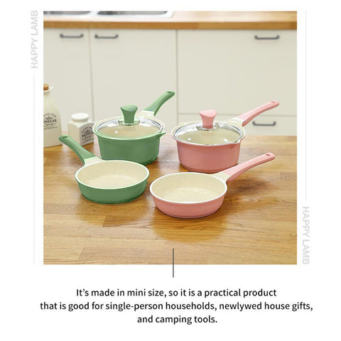 Happy Lambs 16cm Pink Sauce Pot Frying Pan w/ a Lid Set Non-Stick Stone Induction IH Frypan