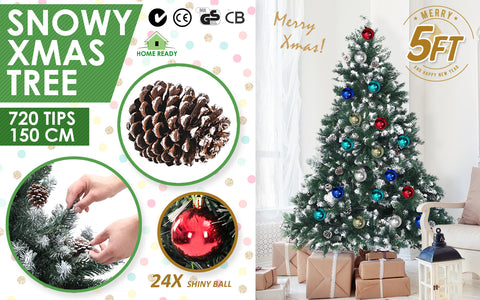Home Ready 5Ft 150cm 720 tips Green Snowy Christmas Tree Xmas Pine Cones + Bauble Balls