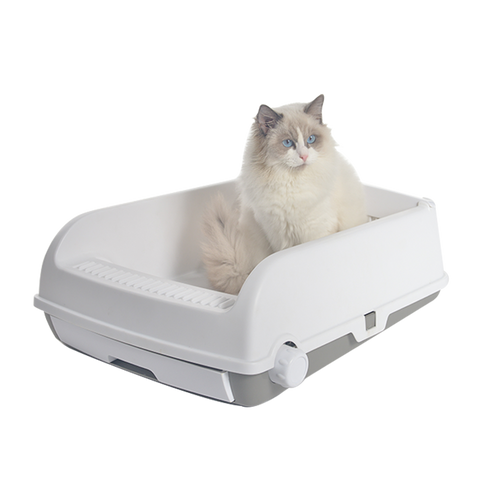 Large Cat Litter Tray Box Kitty Toilet with Rack Scoop & Drawer-Style Cleaning Box White