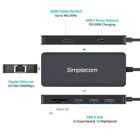 Simplecom CHN580 USB-C SuperSpeed 8-in-1 Multiport Hub Adapter