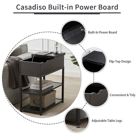 Casadiso Sofa Side Table with Integrated Charging Station - Multi-Tier Black Side Table with Built-in Power Board (Casadiso Saiph Pro)