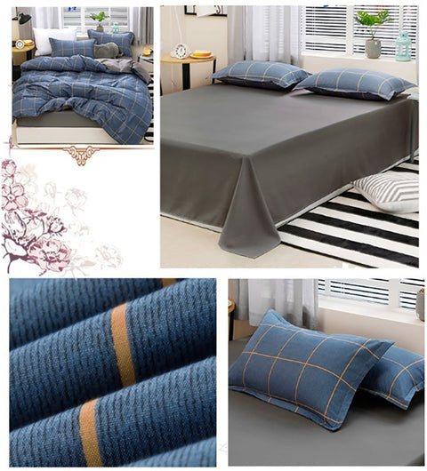 Blue Plaid Pattern Aloe Cotton Flat Sheet Quilt Cover Pillowcases 4pcs Bedding Set Duvet Doona Quilt Cover Set (Double)