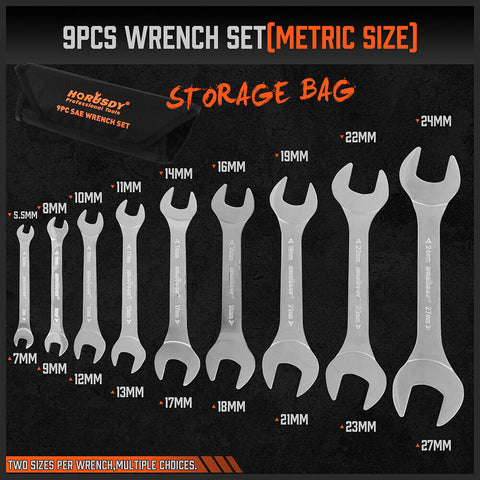 HORUSDY Super Thin 18Pc Wrench Set Open End Spanner 3mm CRV Metric & SAE w Pouch