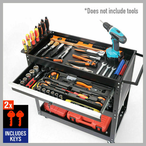 3-Tier Tool Cart Storage Trolley Lock Drawer Parts Cabinet Organizer Heavy Duty Black