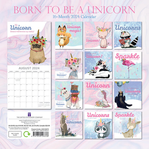 Born to be a Unicorn - 2024 Square Wall Calendar 16 Months Planner New Year Gift